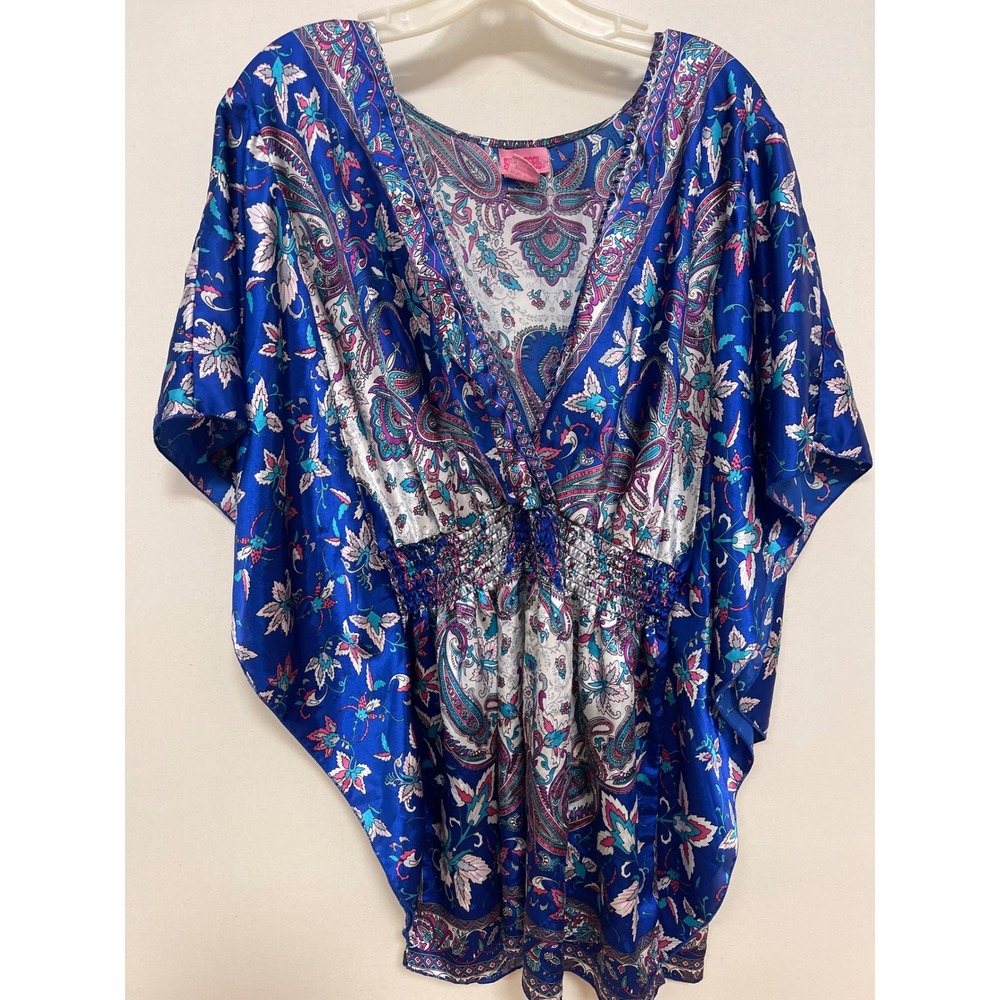 She's Cool Blue Paisley Floral Smocked Waist Dolman Sleeve Satin Top Plus 2X